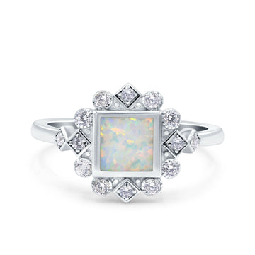 Halo Princess Wedding Engagement Ring Lab Created White Opal 925 Sterling Silver